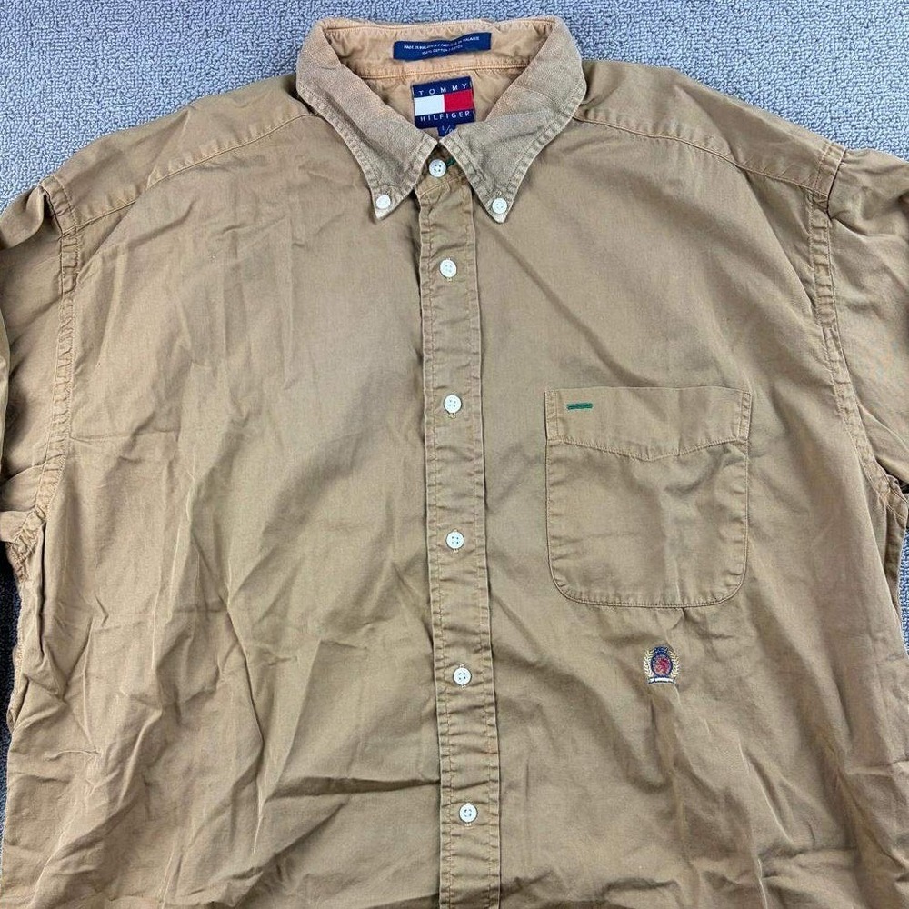 Vintage Tommy Hilfiger Shirt Men L Tan Crest Logo Button Down Long Sleeve Cotton